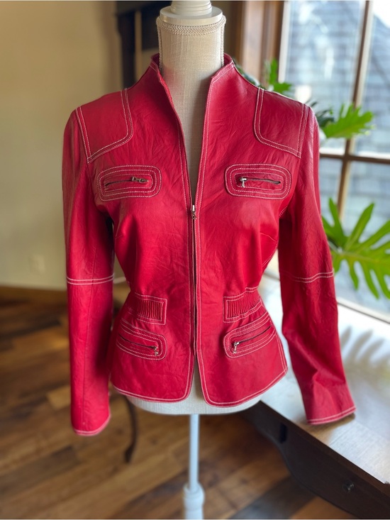 Anne Klein Jackets & Blazers - Anne Klein Red Zip-Front Genuine Leather Hour Glass Peplum Jacket size S